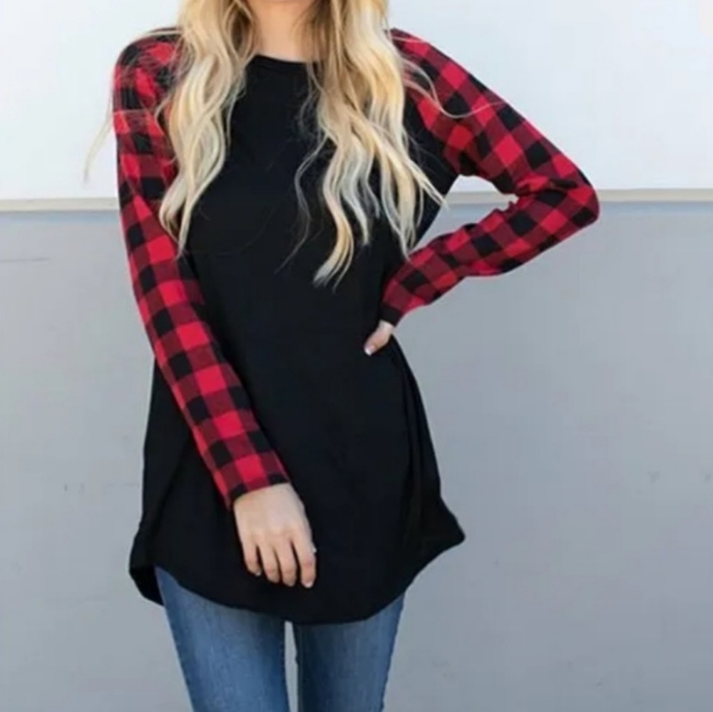 Tickled Teal Black Long Sleeve Shirt with Red Buffalo Check Sleeves